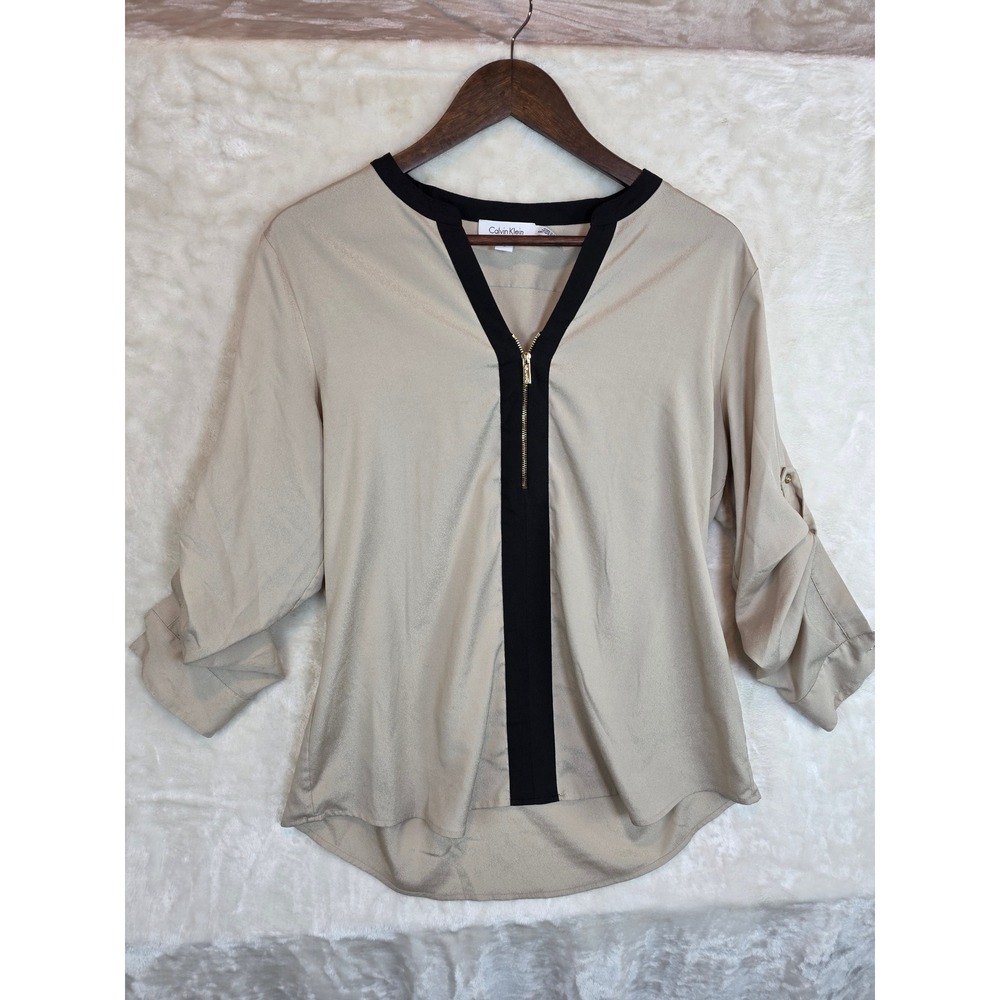 Calvin Klein Womens Champagne Beige Black Trim Zip V-Neck Roll Tab Blouse Large